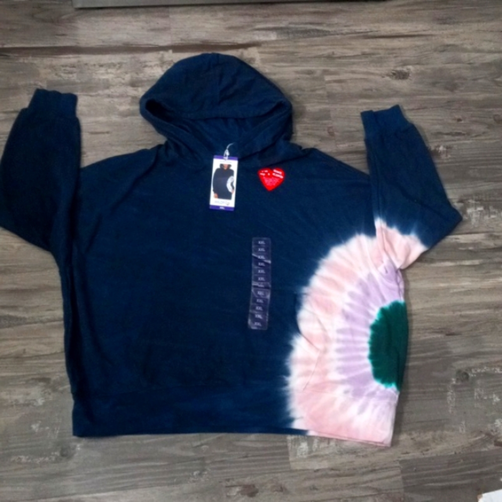 Wildfox Navy Hoodie Kangaroo Pocket Tie Dye Pullover Indigo Blue Size XXL